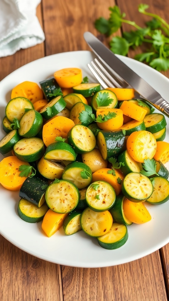 A plate of sautéed zucchini and squash garnished with parsley on a wooden table.